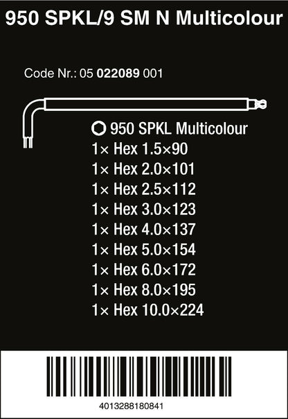 Wera 950 SPKL/9 SM N Multicolour L-Key Set Metric 05022089001