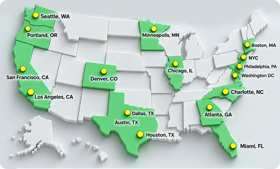US map with JackRabbit employer program cities marked